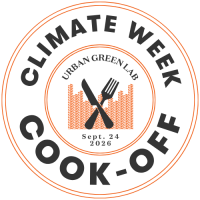 Climate Week Cook-Off badge A round graphic with a crossed fork and knife over a city-scape
