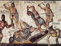 Part of a gladiator mosaic from about 320 A.D. on display at Rome’s Galleria Borghese (Wikimedia Commons).