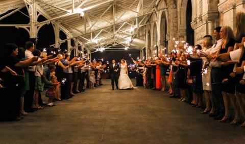 bride and groom walking at Union Station Hotel